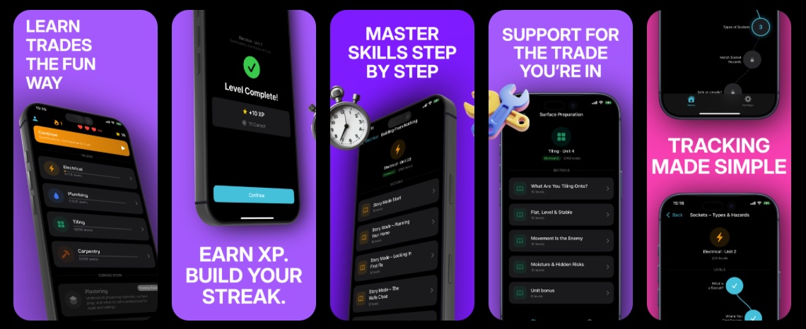 TradeKwest app screenshots showing lessons, quizzes, and progress tracking